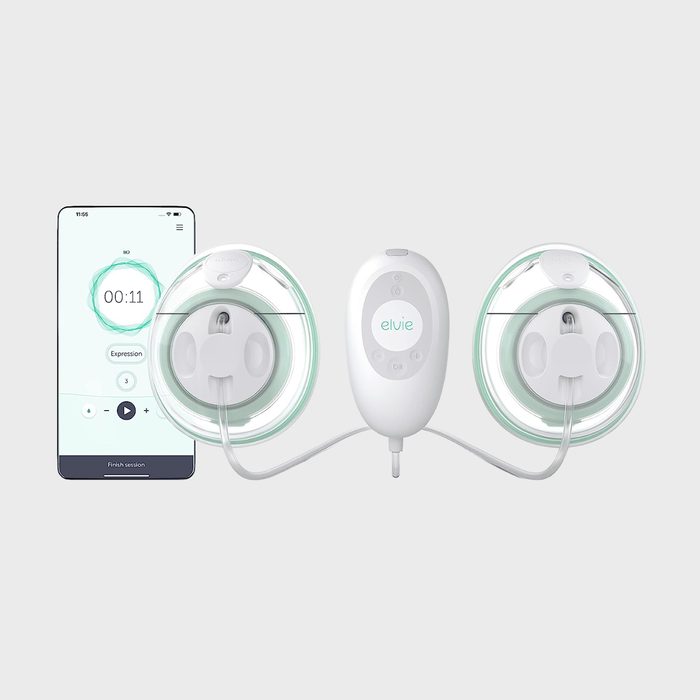 Wireless breast pump displaying 00:11 on a phone app interface, with circular pads connected by tubes, against a white background.