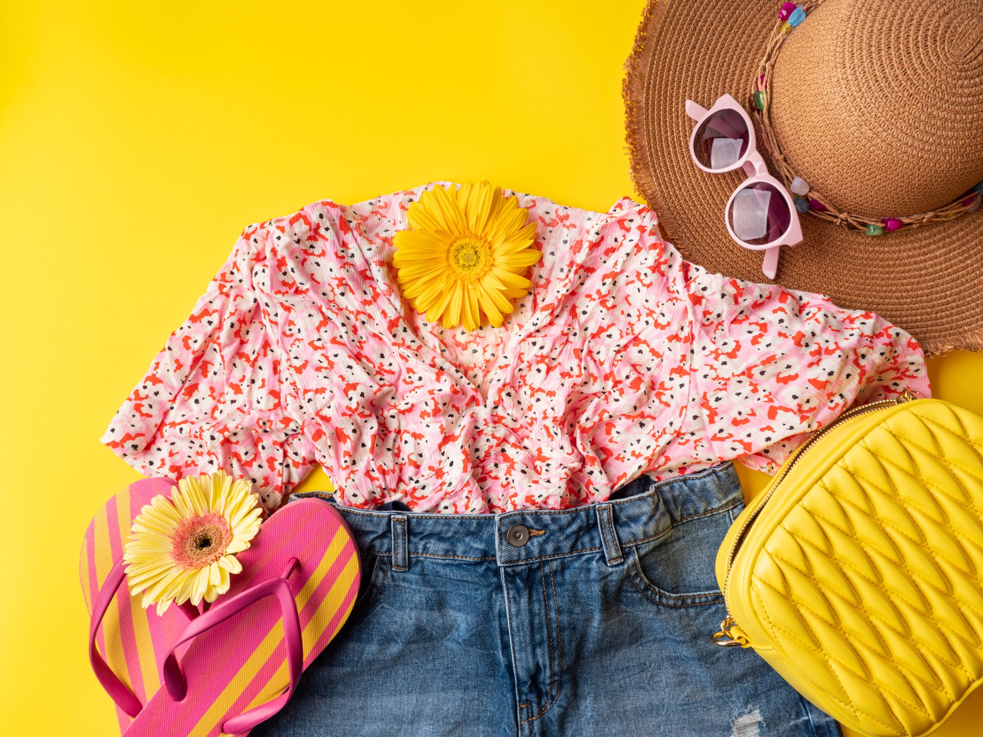 Floral blouse lies on denim shorts, paired with a straw hat, pink sunglasses, and yellow quilted purse, set against a bright yellow background.
