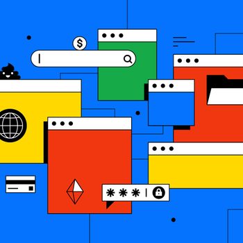 Colorful browser windows overlap with icons like a globe, search bar, and lock, set against a blue digital-themed background.