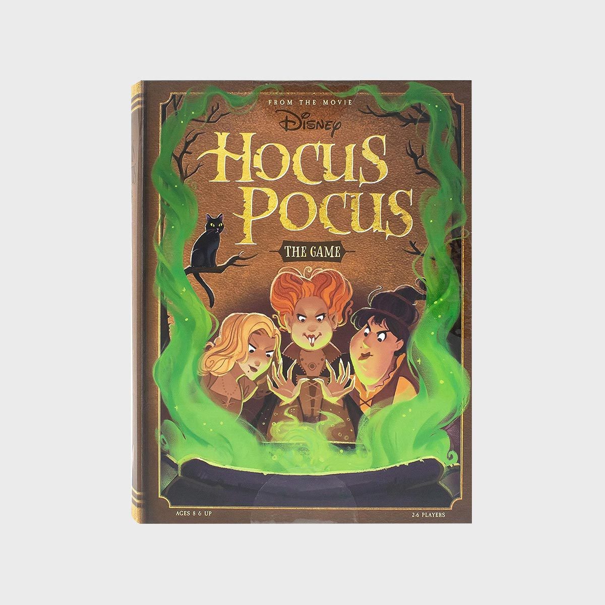 Box features cartoon witches conjuring green magic, surrounded by smoke; a black cat leans on text reading "Disney Hocus Pocus The Game."