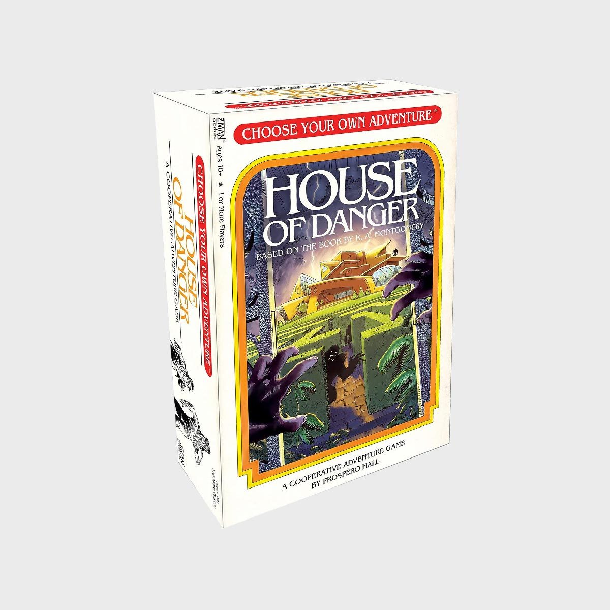 Game box depicts a haunted house with reaching hands, in a jungle scene. Text: "House of Danger, a cooperative adventure game."
