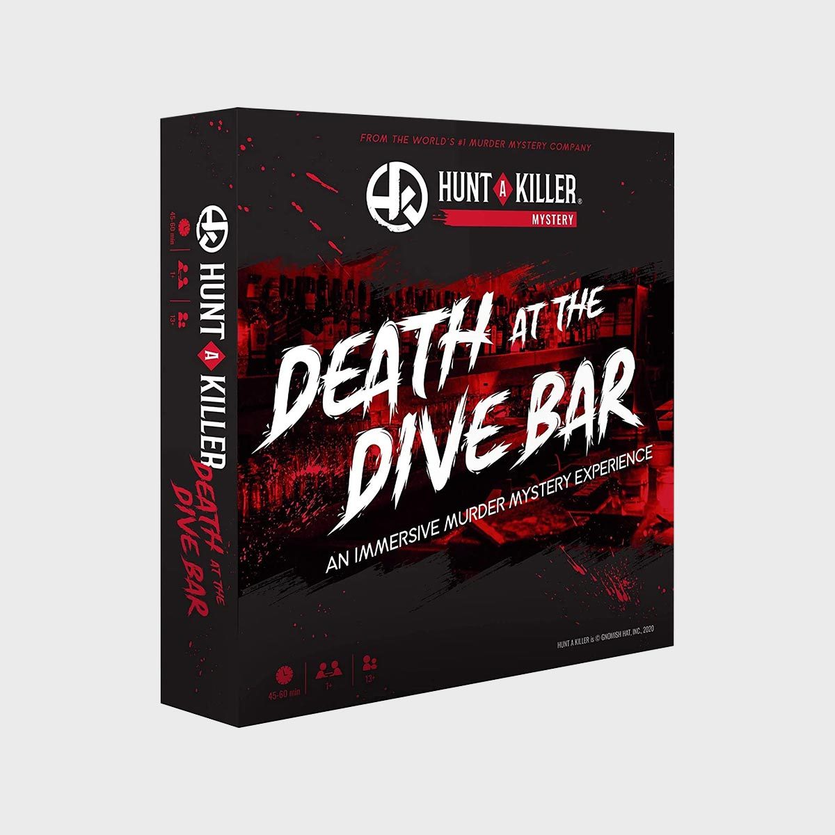 Box standing upright displaying "Death at the Dive Bar," a murder mystery game, with bold red and white text against a dark, bar-themed background.
