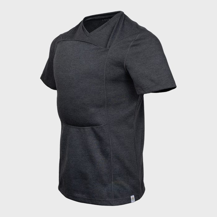 Gray short-sleeved shirt displayed on a plain background, featuring a v-neck design and seamless structure with subtle stitching details.