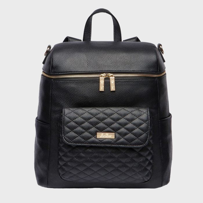 Black leather backpack with gold zippers, displaying a quilted front pocket and label, set on a plain white background.