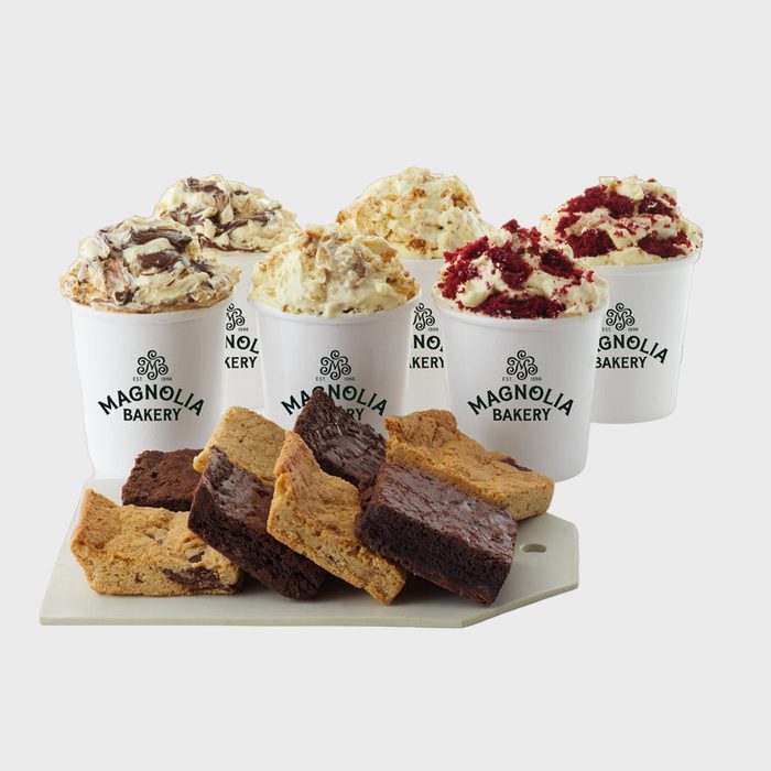Cups of assorted ice cream displayed on a white background, labeled 