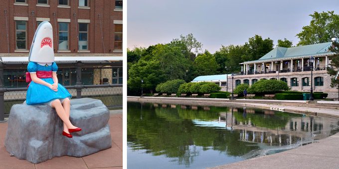 Left: Shark Girl, part of the Buffalo AKG Art Museum’s Public Art Initiative, by artist Casey Riordan. Right: The Terrace at Delaware Park
