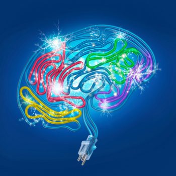 Neon brain-shaped cords spark with electricity against a dark blue background, ending in a plug.