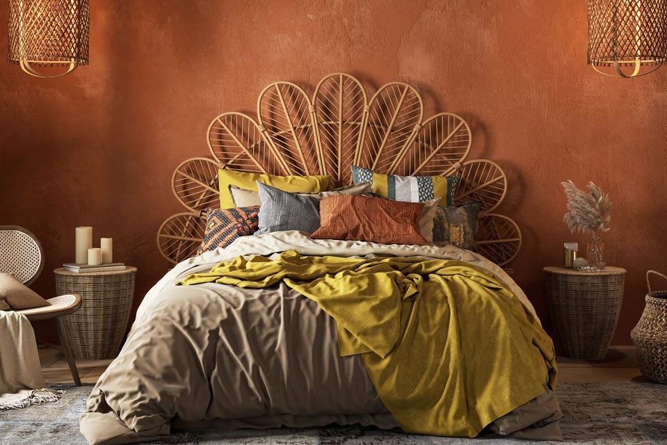 A bed with colorful pillows is neatly arranged against a patterned, wooden headboard in a warmly lit, rust-colored bedroom.