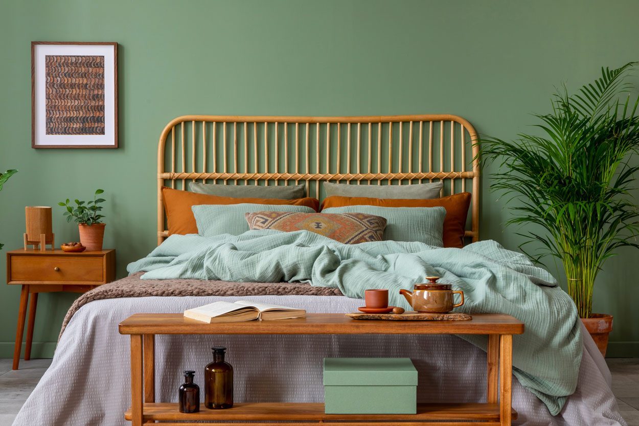 Bed with wicker headboard dressed in green, brown bedding, surrounded by plants and wooden furniture in a cozy room. An open book and tea set on bench.