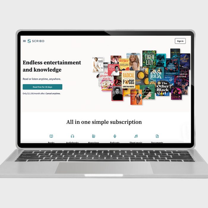 Laptop displays Scribd homepage, showcasing books and magazines. Text promotes 