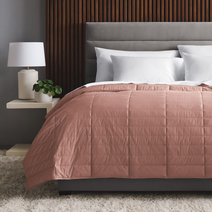 Bed covered with a brown quilt, surrounded by white pillows, next to a nightstand with a lamp and plant, on a light carpet.