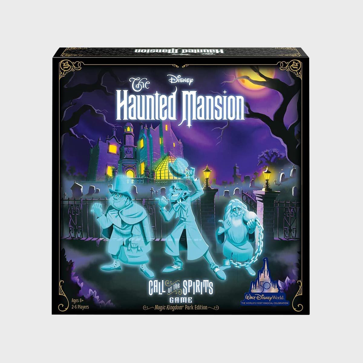 Three glowing ghosts walk with lanterns near a spooky mansion at night. Text: "The Haunted Mansion: Call of the Spirits Game, Magic Kingdom Park Edition."