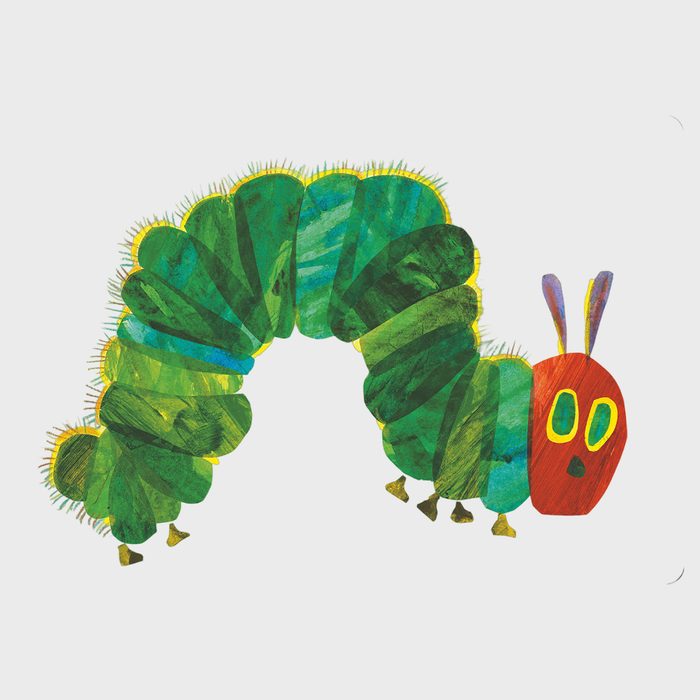 A colorful caterpillar crawls on a plain white background, featuring segments of bright green and a red head with antennae.