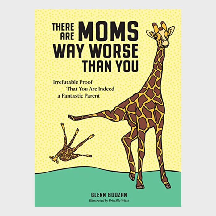 Giraffe stands, looking back at falling baby giraffe, against yellow polka dot background with text title: 