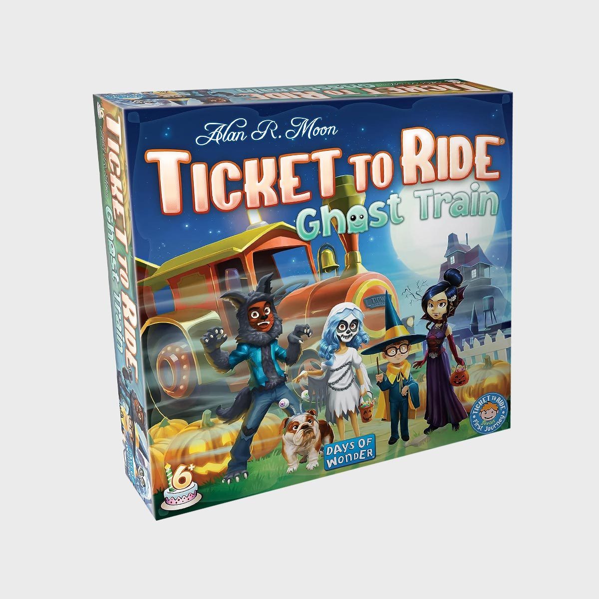 Box displays cartoon characters near a haunted train; moonlit night setting with the title "Ticket to Ride: Ghost Train" prominently featured.