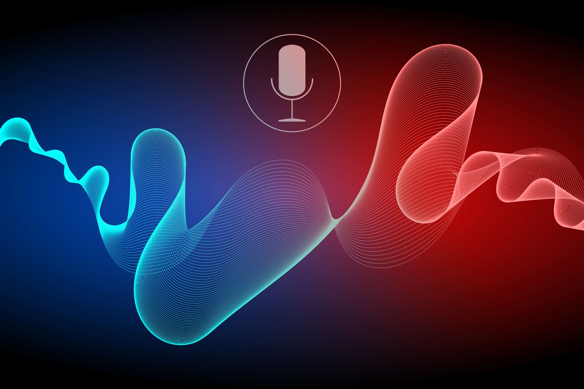 Microphone icon centered above flowing, swirling blue and red waveforms, set against a gradient background from dark blue to red.