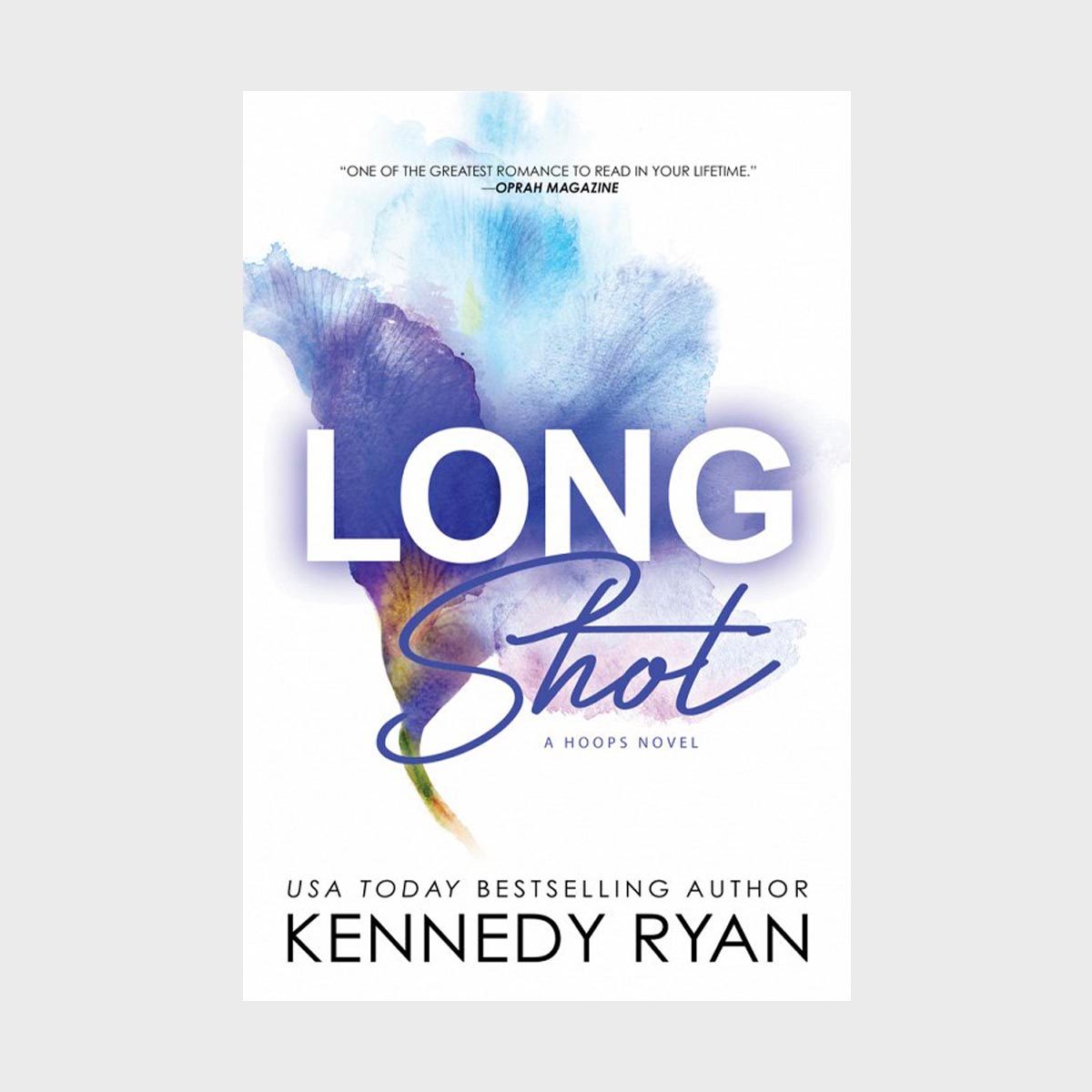 Book cover shows "Long Shot" title in bold letters, with watercolor background and author name Kennedy Ryan below.