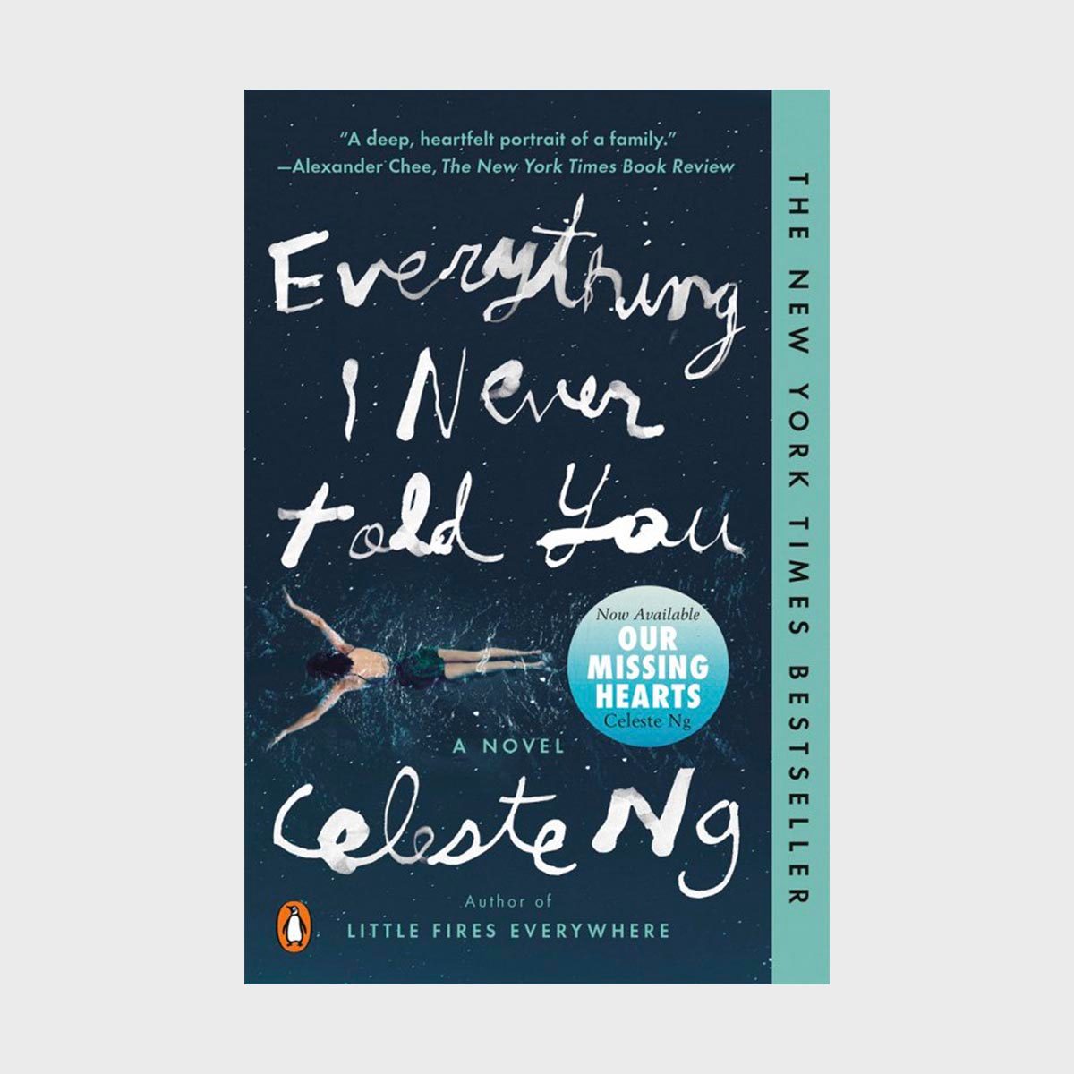 Book cover shows a swimmer in dark water; white handwritten text reads &acirc;&euro;&oelig;Everything I Never Told You&acirc;&euro; by Celeste Ng. Text transcribed with related book title.