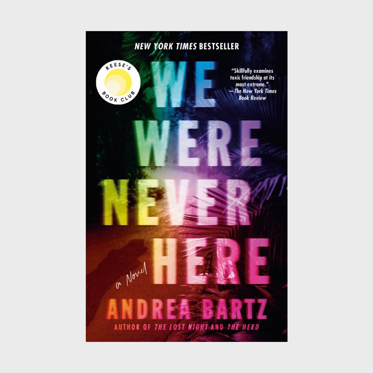 Book cover displays "We Were Never Here" by Andrea Bartz in multicolored text against a tropical background, labeled a New York Times Bestseller.