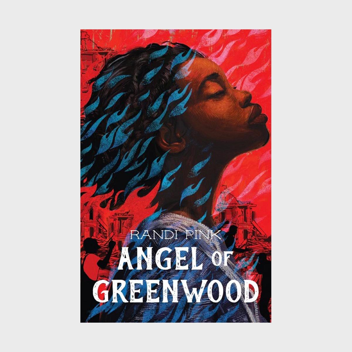 Profile of a person with closed eyes surrounded by blue flames on a red background. Text: "Randi Pink Angel of Greenwood."