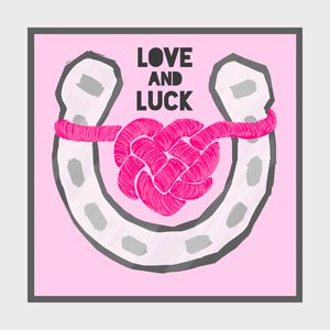 Horseshoe with pink rope knot, text 