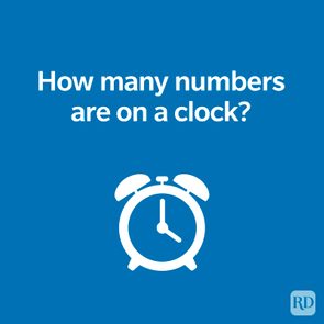 White alarm clock icon below text asking about clock numbers, displayed on a blue background.