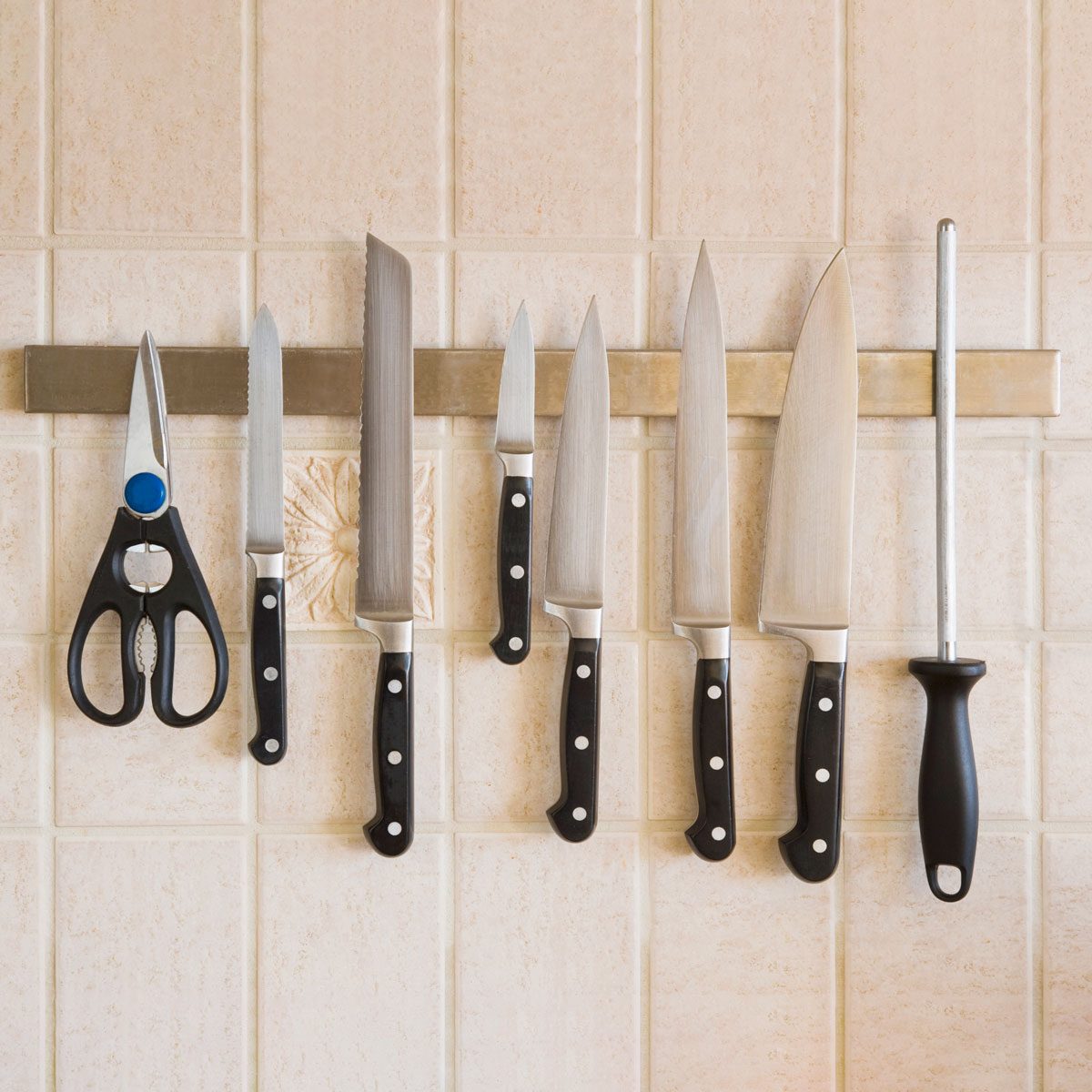 Kitchen Knives On A Magnetic Knife Strip