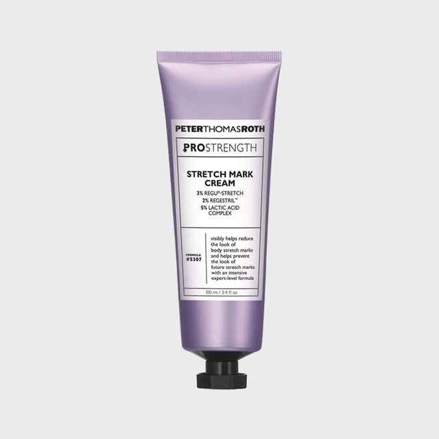 Tube contains stretch mark cream, featuring active ingredients, with a sleek, purple design. It's labeled with details of effectiveness and product information.
