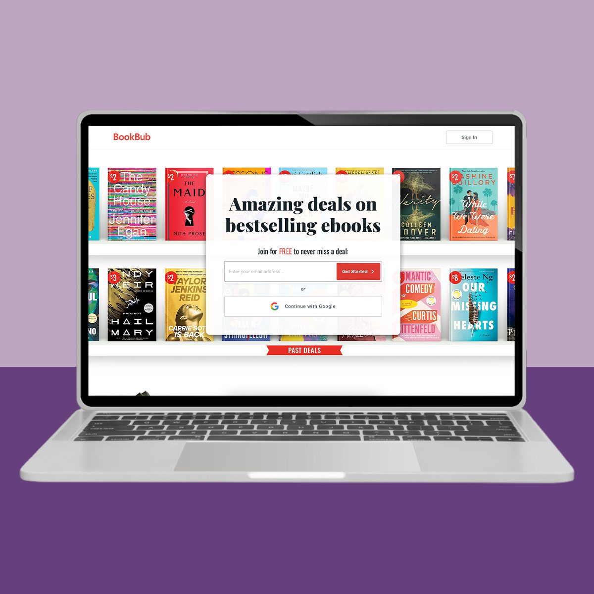 Laptop displays an ebook deals webpage, featuring colorful book covers. Central text reads, "Amazing deals on bestselling ebooks." Surrounded by a purple background.