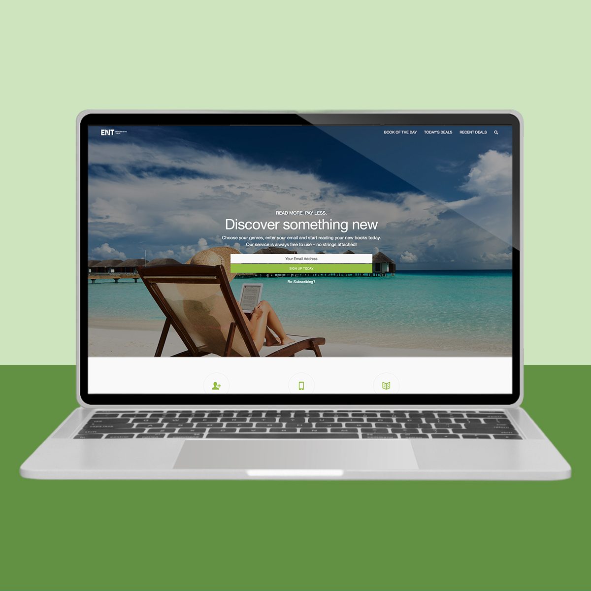 Laptop displays beach scene with text encouraging book discovery, set against a dual-tone green background.