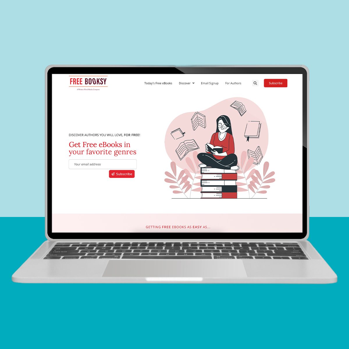 A laptop displays a website offering free eBooks, featuring an illustration of a person reading atop stacked books with promotional text and subscribe options.