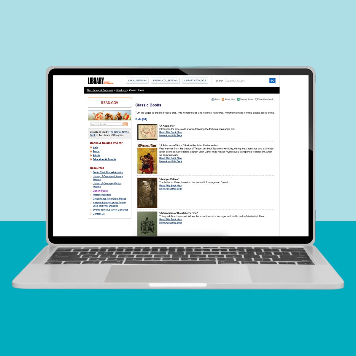 Laptop displays a website featuring a list of classic books with descriptions and images of book covers, on a blue background.