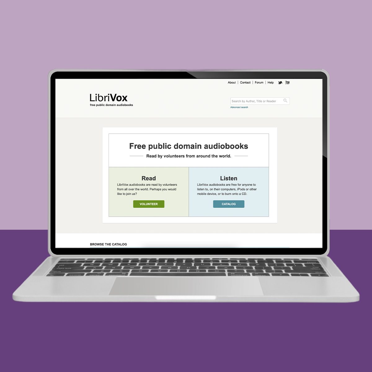 Laptop displays LibriVox website, offering free public domain audiobooks. The screen shows options to volunteer or access the catalog, set against a purple background.