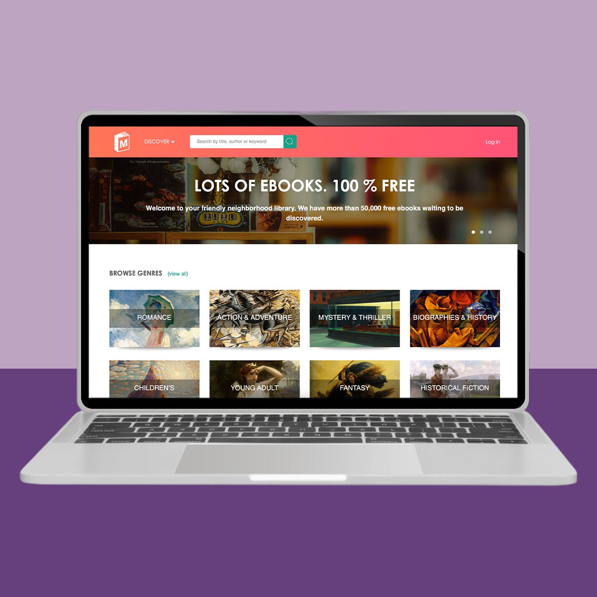 Laptop displays ebook website offering free genres like romance, adventure, and fantasy on a purple and lavender background.