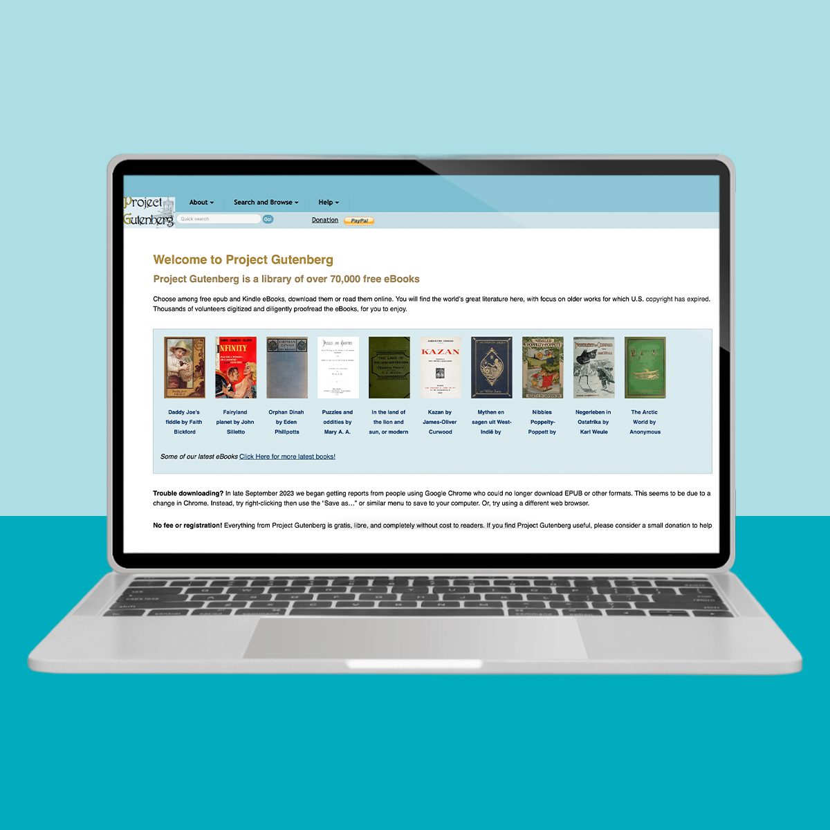 Laptop displays Project Gutenberg website; books are listed with covers and titles, on a turquoise surface. Text reads, "Welcome to Project Gutenberg."