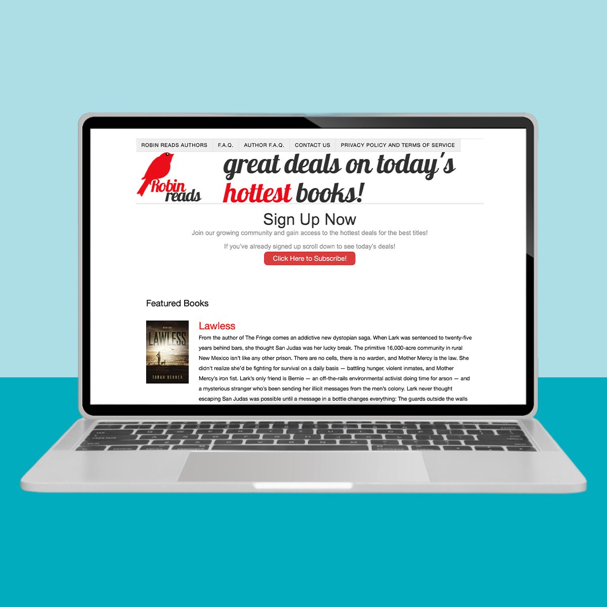 Laptop displays book deal website featuring "Lawless" in bold, with an invitation to subscribe for the latest deals, against a light blue background.