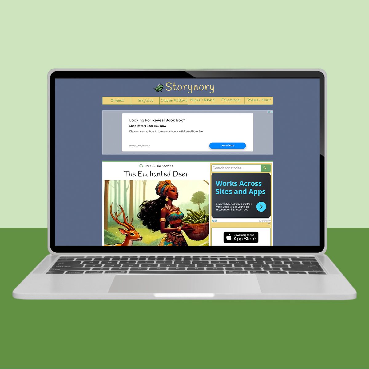 A laptop displays a website with a header "Storynory," an ad, and "The Enchanted Deer" story, set against a green background.