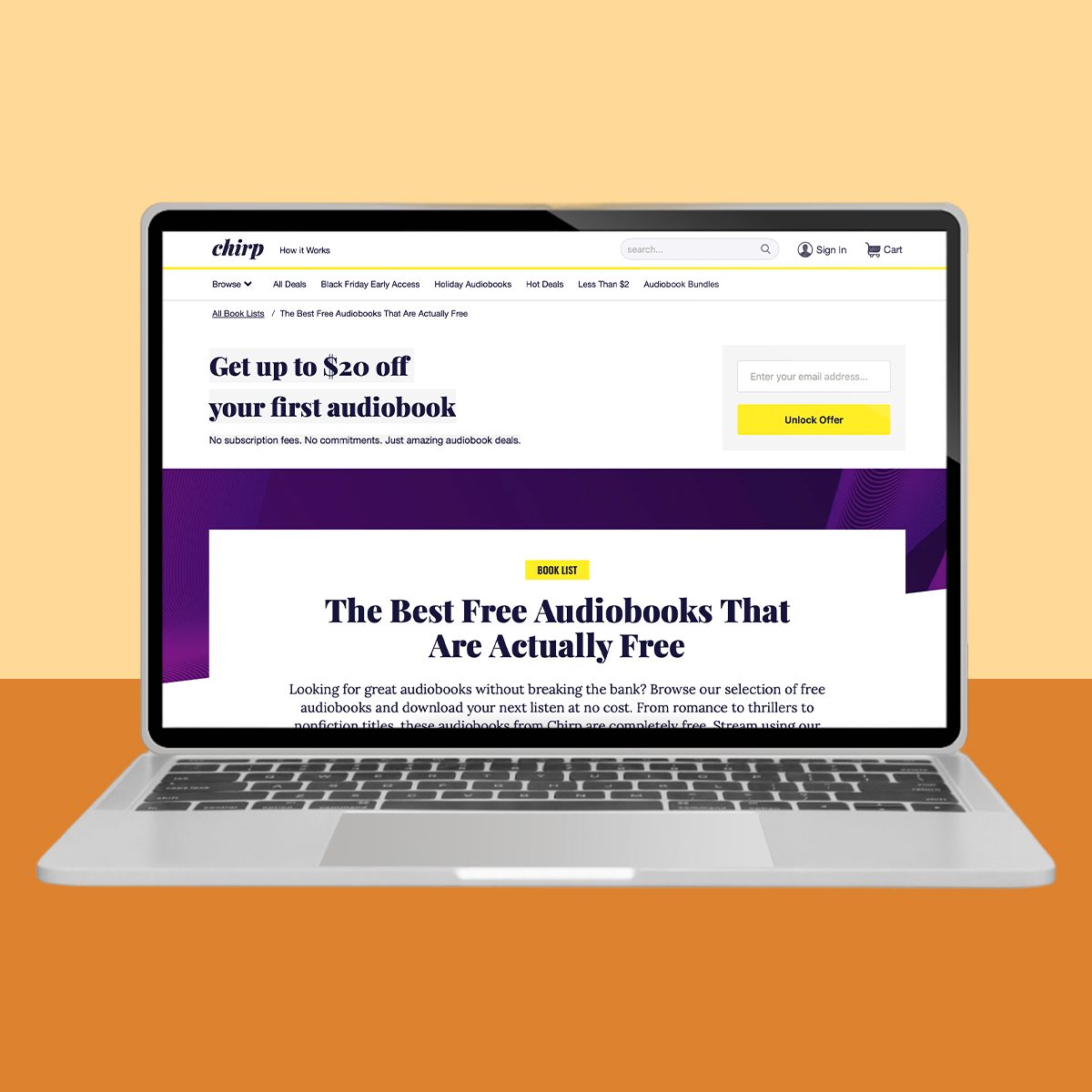 Laptop displays a website offering free audiobooks, emphasizing a $20 discount on the first audiobook, set against a peach and orange background.