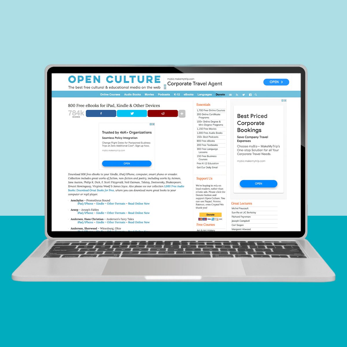 A laptop displays a website with "Open Culture" offering free eBooks for devices. The blue and white design features text and interactive buttons.
