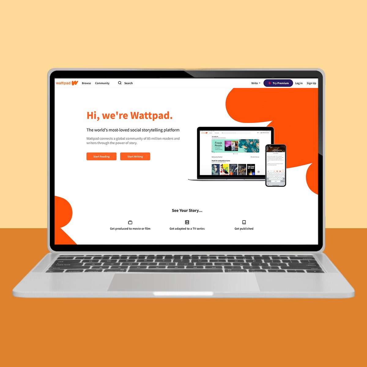 Laptop displays Wattpad website with text welcoming users, featuring an orange-themed design. Nearby, icons highlight adaptation and publishing options.