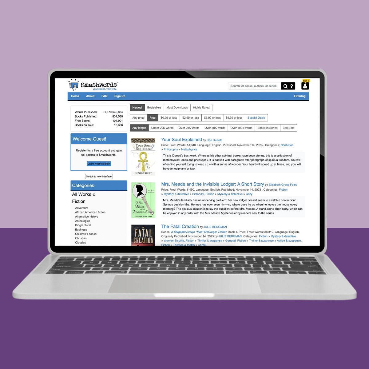 A laptop displays a website page featuring eBooks on a purple background. The site offers search filters and book listings with categories.