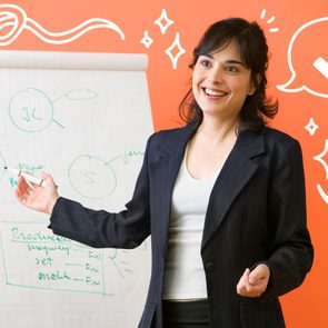 Woman presents by a whiteboard with diagrams, smiling against an orange background with stylized checkmark and decorative doodles.