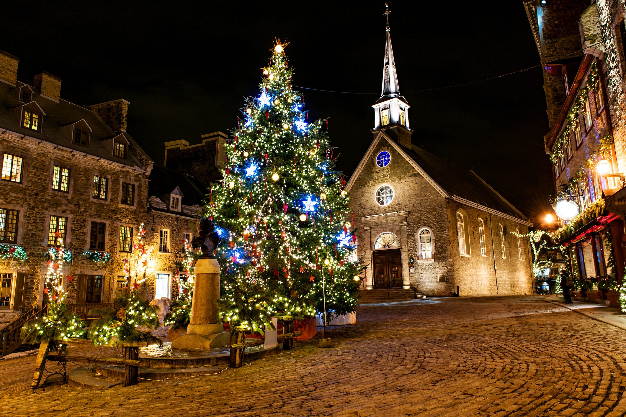 A large Christmas tree adorned with colorful lights stands illuminated, surrounded by historic buildings in a cobblestone square at night.
