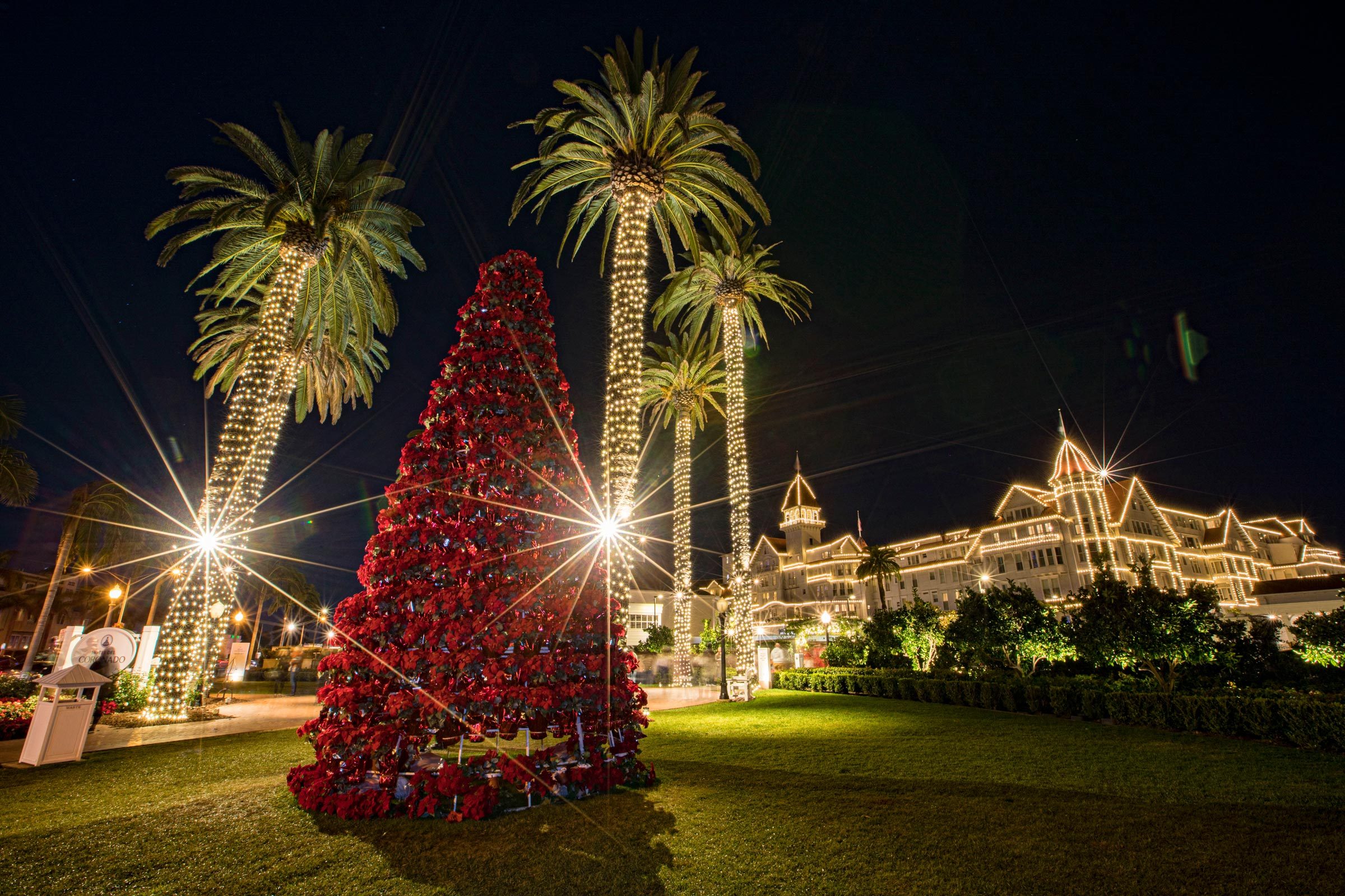 A large red Christmas tree illuminates the night, surrounded by palm trees wrapped in lights, near a grand building adorned with festive lights.