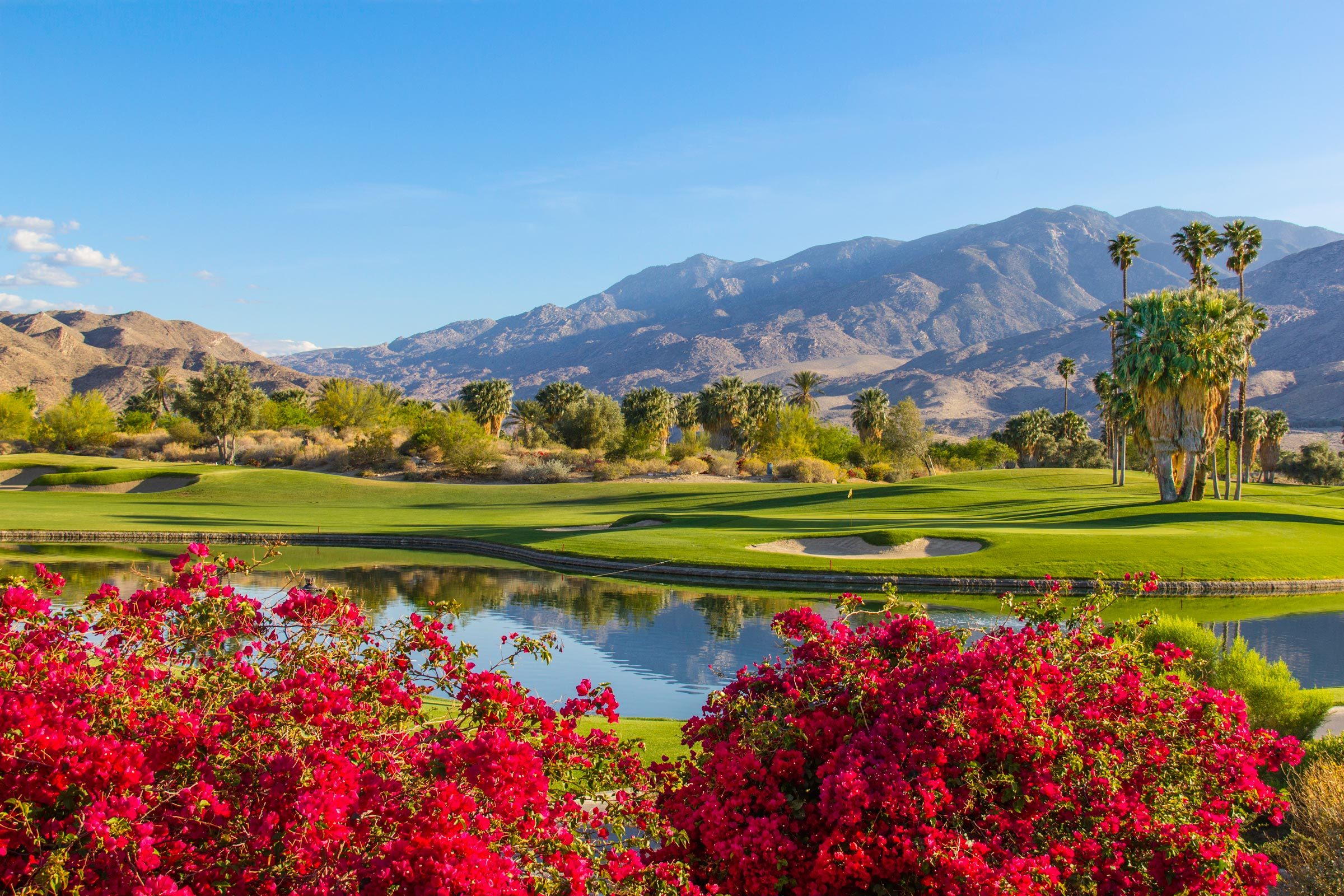 Golf course surrounded by vibrant red flowers, green fairways, and palm trees, with mountains and a clear blue sky in the background.
