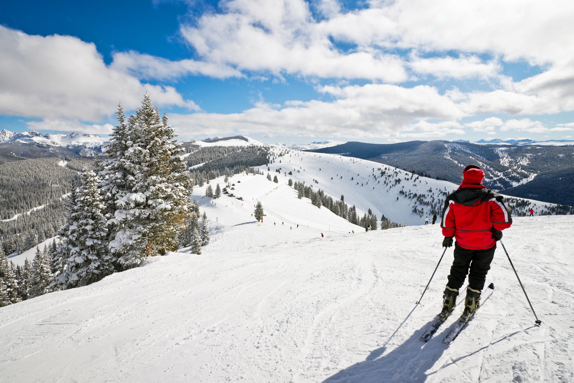 Skier stands on snowy slope, viewing expansive mountainous landscape under a blue sky dotted with clouds. Snow-covered trees are visible in the foreground.