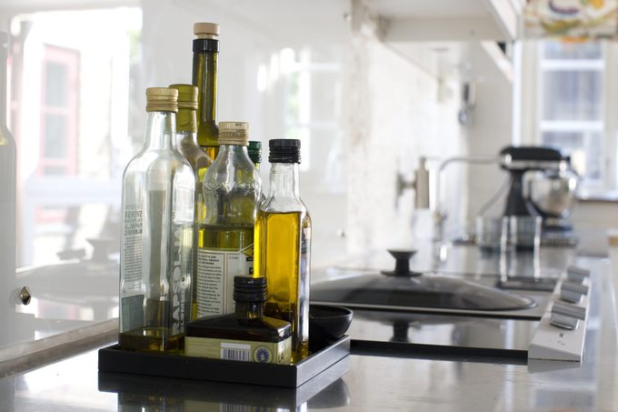 Bottles on kitchen worktop, close-up