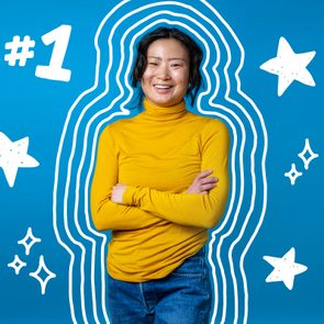 Person smiling with arms crossed, outlined by white, wavy lines; stars and 