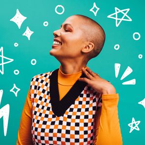 Person smiling, touching neck, wearing orange and checkered outfit. Background features teal color with various white cartoon stars and shapes.
