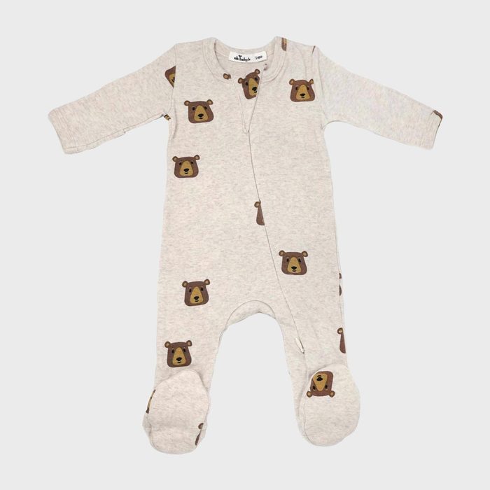Baby onesie with brown bear faces, displayed flat on a gray background.